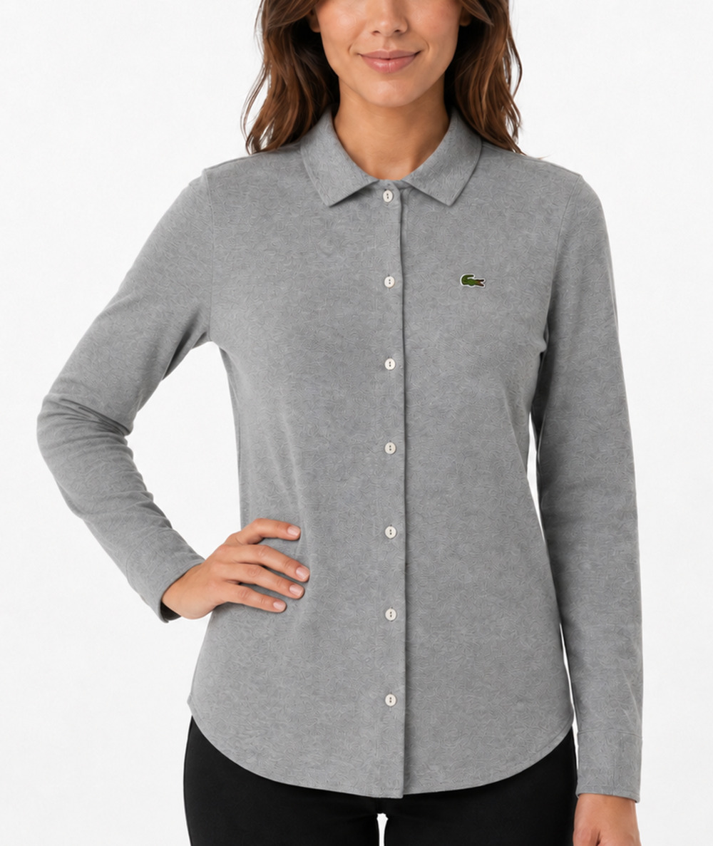 Lacoste Womens FR 34 | Sm US 2 | UK 6 Gray Pique Cotton Button Front Long Sleeve